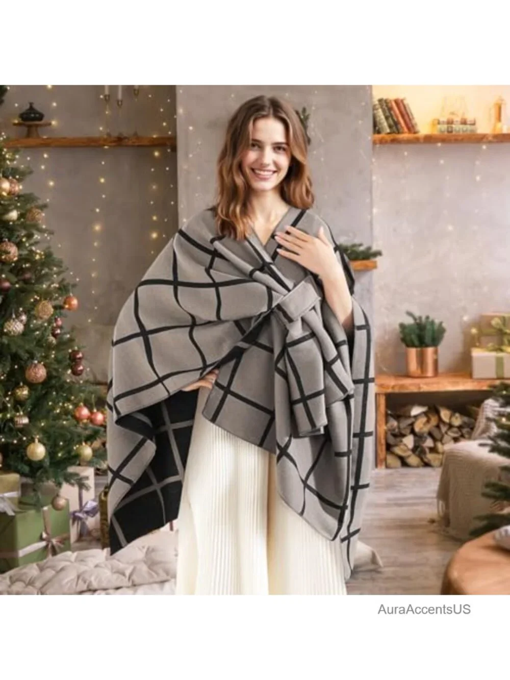 Faux Cashmere Shawl Wrap Open Front Poncho Reversible Check One Size
